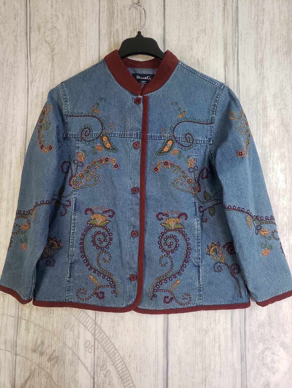 Denim & Co RL Embroidered Cotton Jacket with Burgundy Trim - Women's Size Large